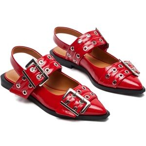 Red Patent Leather Buckle Flats